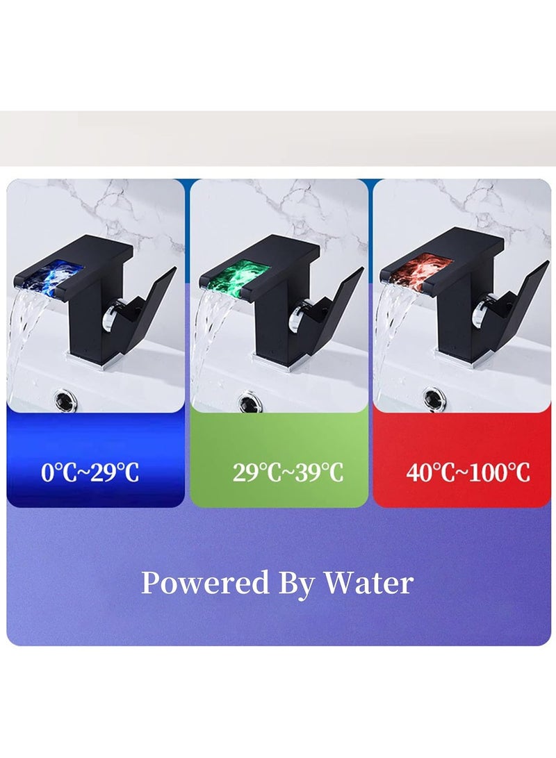 M MIAOYAN LED Bathroom Sink Faucet - Black Waterfall Single Hole Handle 3 Colors Changing Matching Drain Assembly with Overflow Bath Basin Deck Mount Commercial Modern - Image 4