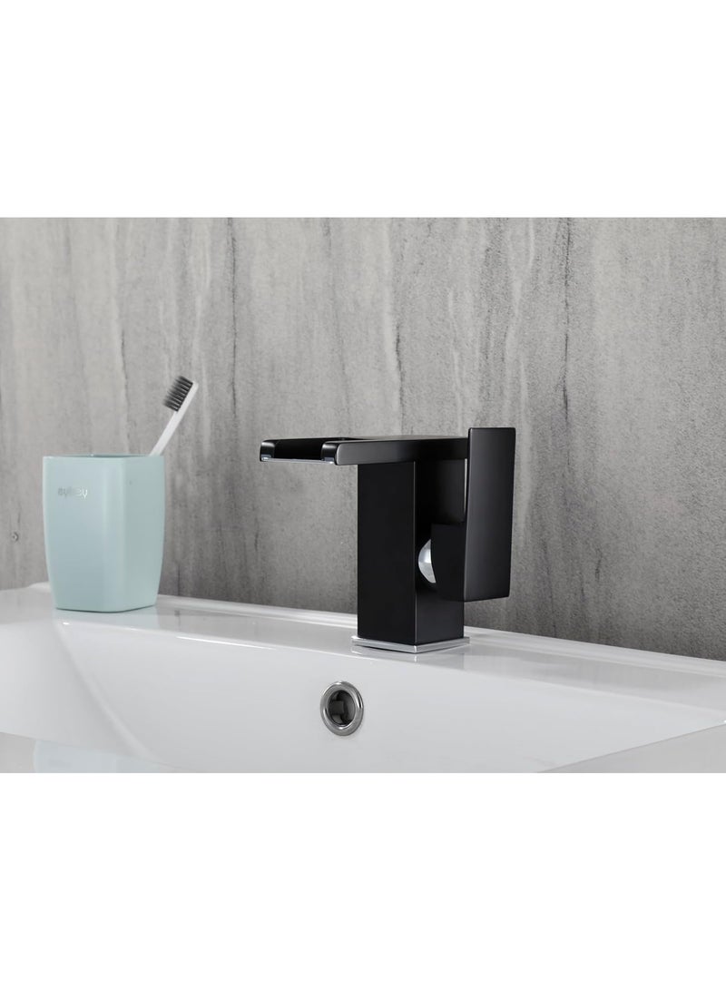 M MIAOYAN LED Bathroom Sink Faucet - Black Waterfall Single Hole Handle 3 Colors Changing Matching Drain Assembly with Overflow Bath Basin Deck Mount Commercial Modern - Image 5