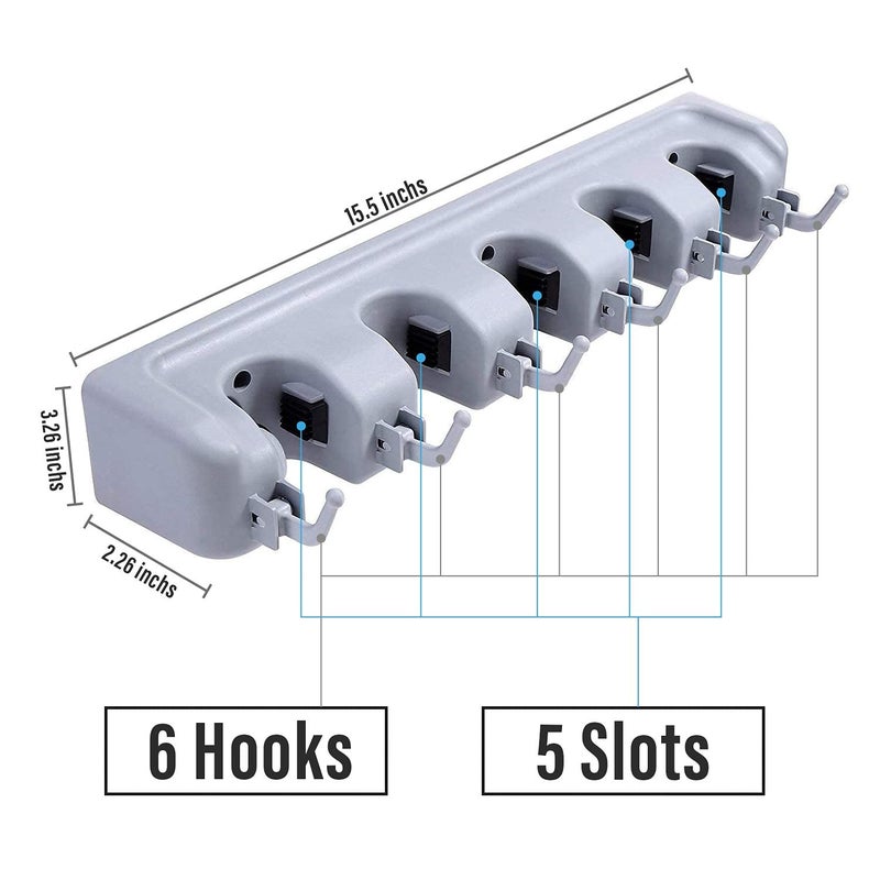 QUMAZZ Plastic Upgraded With Effective Strong Holding Wall Mounted Mop And Broom Holder With 5 Slot Position And 6 Hooks Garage Storage Up To 11 Tools - Image 3