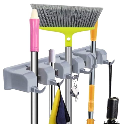 QUMAZZ Plastic Upgraded With Effective Strong Holding Wall Mounted Mop And Broom Holder With 5 Slot Position And 6 Hooks Garage Storage Up To 11 Tools - Image 1