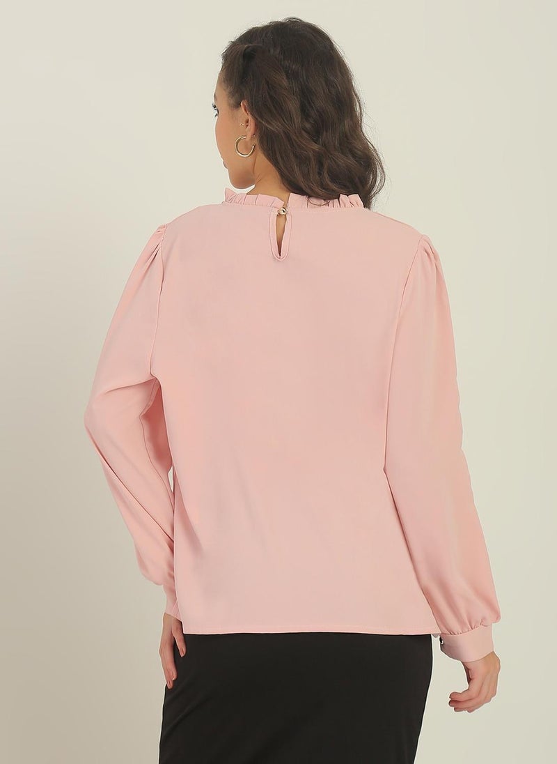 Globus Women Pink Cuffed Sleeves Ruffle Round Neck Peral Detailing Party Top - Image 4