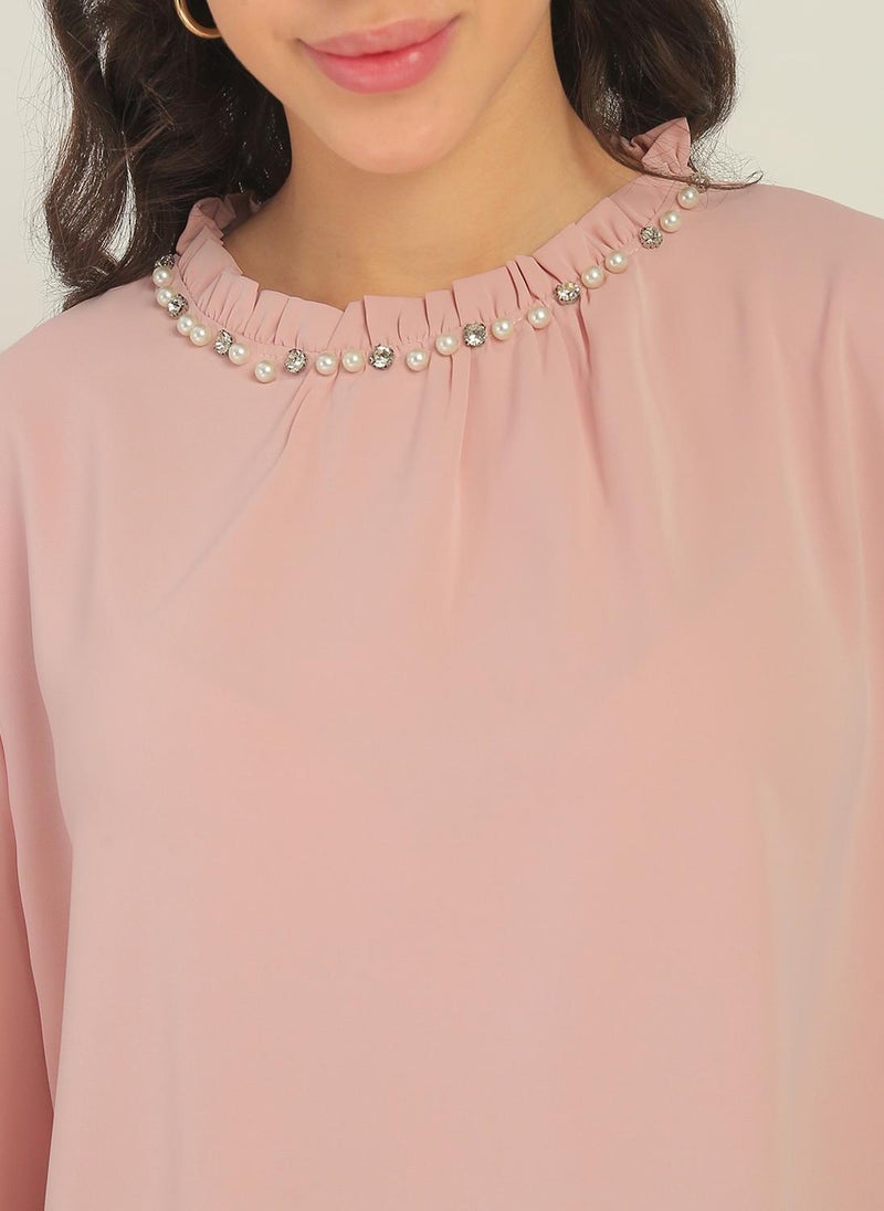 Globus Women Pink Cuffed Sleeves Ruffle Round Neck Peral Detailing Party Top - Image 5