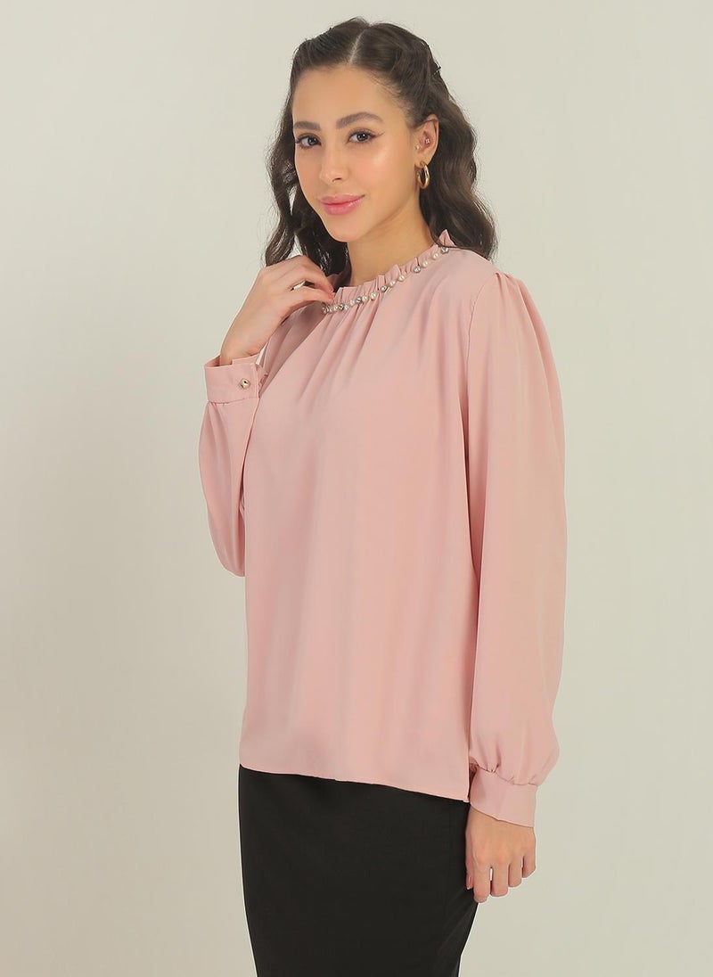 Globus Women Pink Cuffed Sleeves Ruffle Round Neck Peral Detailing Party Top - Image 3