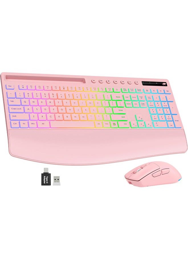 Trueque Wireless Keyboard and Mouse Combo, 4000mAh Rechargeable Backlit Keyboard with Wrist Rest & Phone Holder, Full Size Quiet Typing, 2.4G USB-A/Type-C for PC, Laptop, Windows, Chrome OS (Pink) - Image 1
