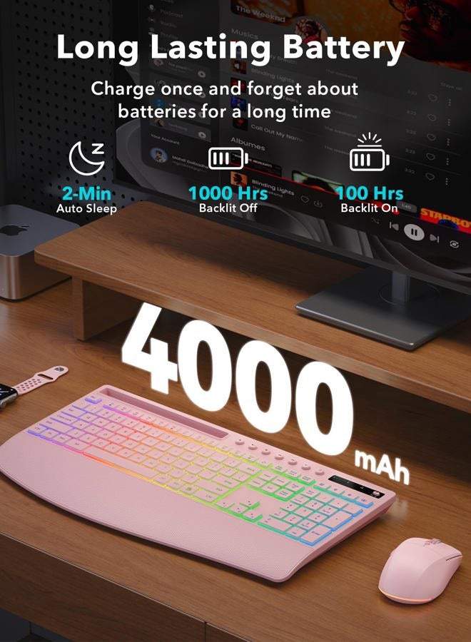 Trueque Wireless Keyboard and Mouse Combo, 4000mAh Rechargeable Backlit Keyboard with Wrist Rest & Phone Holder, Full Size Quiet Typing, 2.4G USB-A/Type-C for PC, Laptop, Windows, Chrome OS (Pink) - Image 2