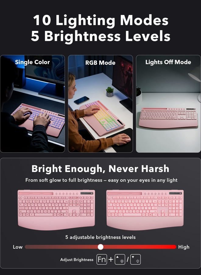 Trueque Wireless Keyboard and Mouse Combo, 4000mAh Rechargeable Backlit Keyboard with Wrist Rest & Phone Holder, Full Size Quiet Typing, 2.4G USB-A/Type-C for PC, Laptop, Windows, Chrome OS (Pink) - Image 4