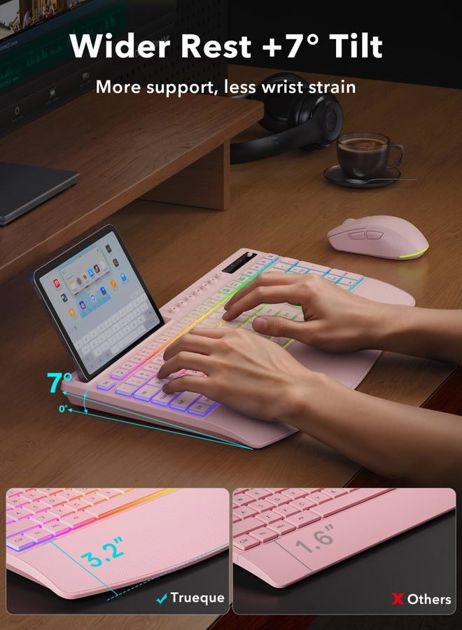 Trueque Wireless Keyboard and Mouse Combo, 4000mAh Rechargeable Backlit Keyboard with Wrist Rest & Phone Holder, Full Size Quiet Typing, 2.4G USB-A/Type-C for PC, Laptop, Windows, Chrome OS (Pink) - Image 3