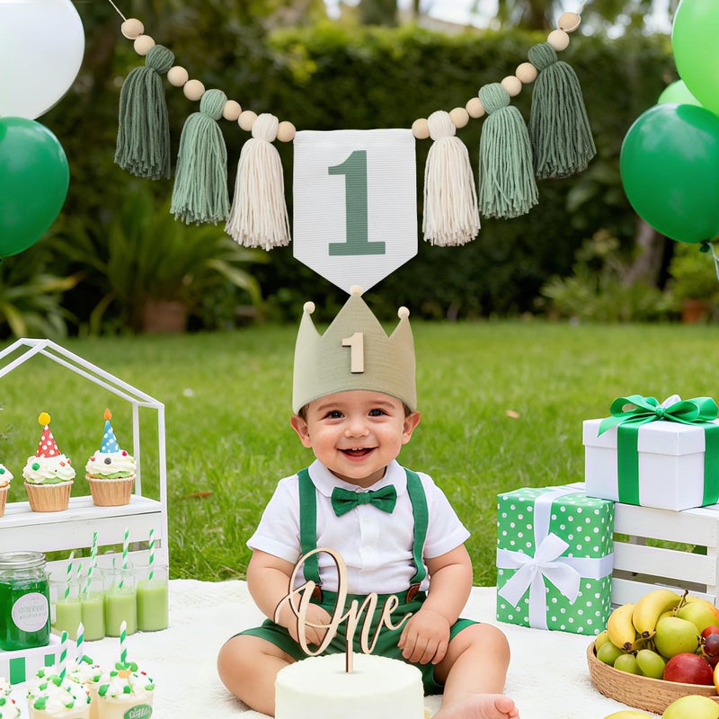 DCJHFJ Wild One High Chair Banner For 1st Birthday Party Boy Decorations With Green Tassel Garland Crown Hat Cake Topper - Image 5