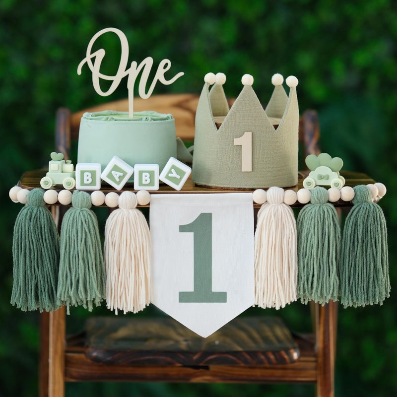 DCJHFJ Wild One High Chair Banner For 1st Birthday Party Boy Decorations With Green Tassel Garland Crown Hat Cake Topper - Image 1