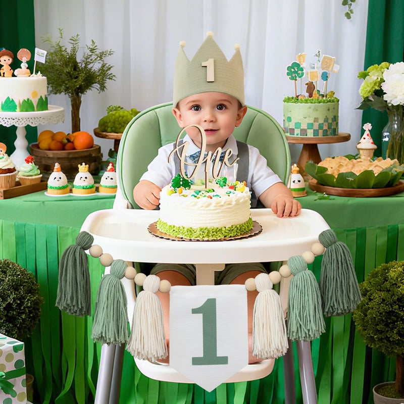 DCJHFJ Wild One High Chair Banner For 1st Birthday Party Boy Decorations With Green Tassel Garland Crown Hat Cake Topper - Image 3