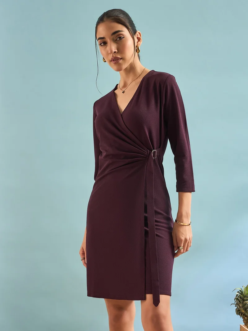 Panit PANIT Purple Valentino Wrap Bodycon knee Length Dress - Purple