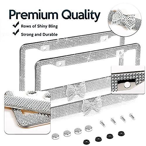 LEIWOOR 2 Pack Bling License Plate Frame，Handcrafted Bling Rhinestone Premium Stainless Steel License Plate Frame，14 Facets Clear Color Rhinestone Crystal (Silver&Silver-Bow) - Image 2