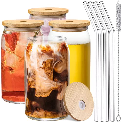 Le'raze Leraze Set of 4 Patented Can Shaped Drinking Glasses with Bamboo Lids Straws 16oz Clear Water Cups for Iced Coffee Tea Cocktails Whiskey Soda Tumbler Cup - Image 1