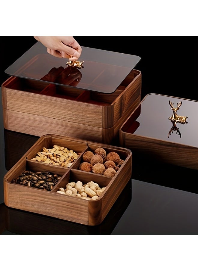 صندوق فواكه من الخشب الصلب للاستخدام المنزلي، غطاء مقسم، صندوق تخزين وجبات خفيفة من الفواكه المجففة - Image 1