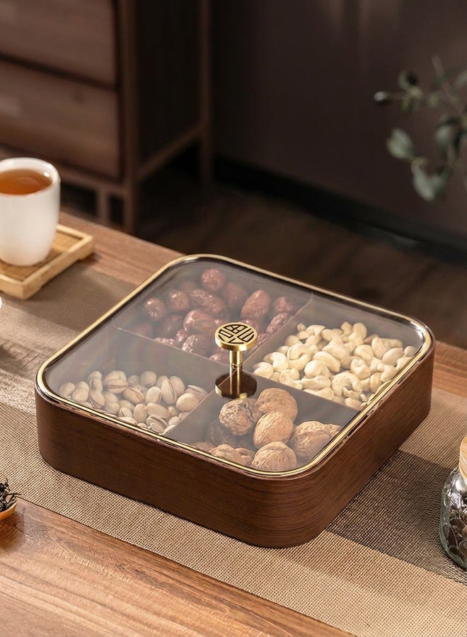 uoobox Wood-Grain 4-Compartment Snack Box with Transparent Lid – Dustproof Storage for Snacks/Nuts/Jewelry - Image 1