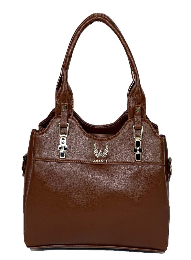 Amanda Vegan Leather Handbag for Women | 3 Zip Compartments Inner Pockets Double Handle Detachable Shoulder Strap | Office, College, Party Use | Stylish Bag for Girls - Maroon - Image 1