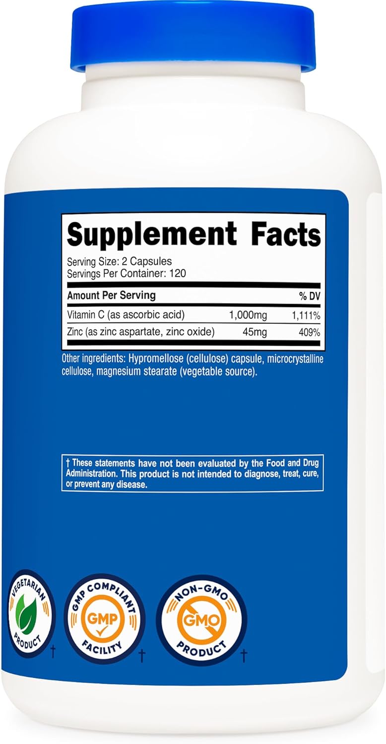 Nutricost كبسولات فيتامين سي مع الزنك من نوتريكوست 120 حصة 1000 ملغ 45 ملغ زنك خالية من الكائنات المعدلة وراثيًا خالية من الغلوتين مكمل فيتامين سي - Image 5