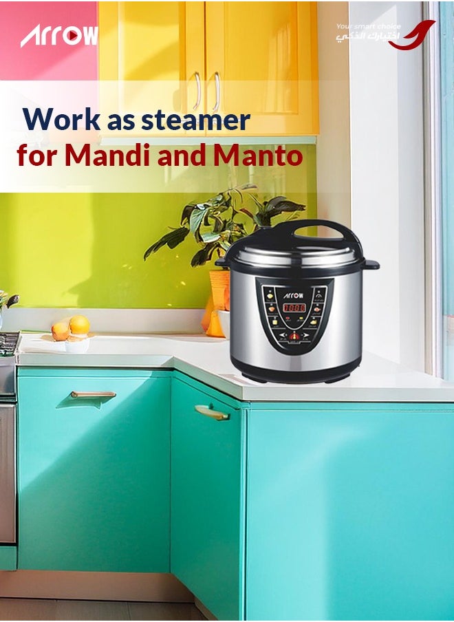 Arrow 12L MINI Electric Pressure Cooker, 1600W | Stainless Steel body | High Quality Golden Pot | Silver Color | Work as a steamer for Mandi and Manto | Model Name: RO-12SEC  - Image 5