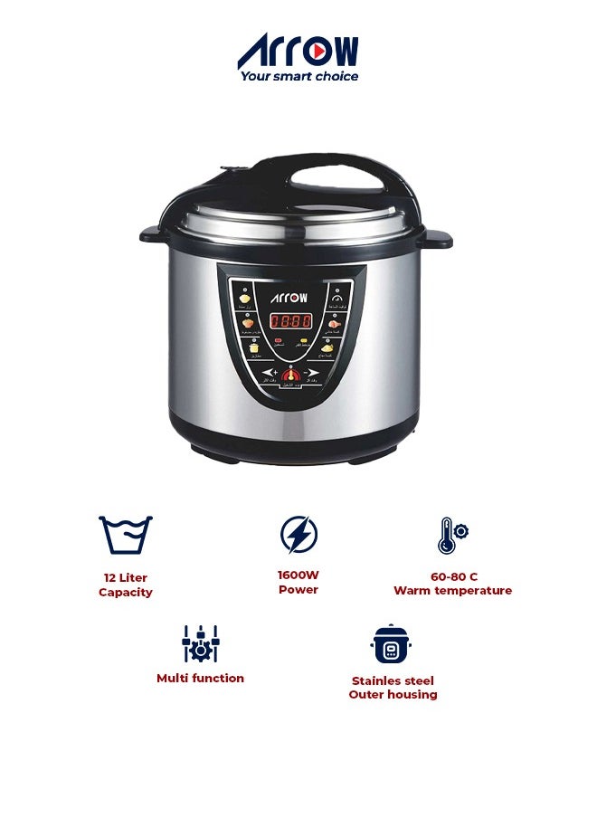 Arrow 12L MINI Electric Pressure Cooker, 1600W | Stainless Steel body | High Quality Golden Pot | Silver Color | Work as a steamer for Mandi and Manto | Model Name: RO-12SEC  - Image 1