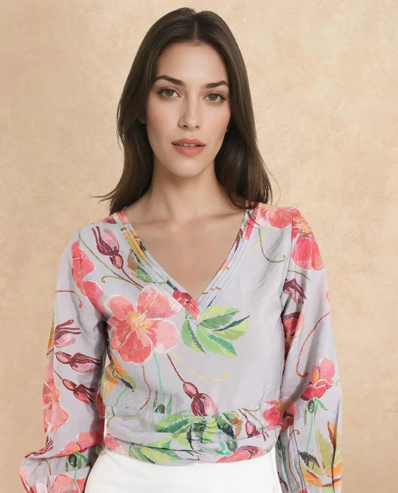 Rareism Women's Floral Fantasy: V-Neck Crop Top