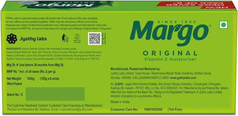 Margo Original Neem Soap 125gm X 8 | Powered With Goodness of 1000 Natural Neem Leaves | Soap for Clear and Beautiful Skin | Infused with Vitamin E for Moisturising | Powered With Goodness of 1000 Natural Neem Leaves, For Clear and Beautiful Skin, Infused with Vitamin E, Moisturising - Image 2