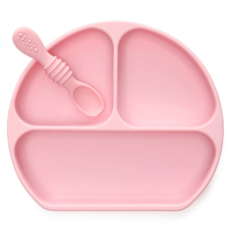 PrimaStella Unbreakable Silicone Non-Slip Baby & Toddler Plate and Spoon Feeding Set - Pink - Image 1