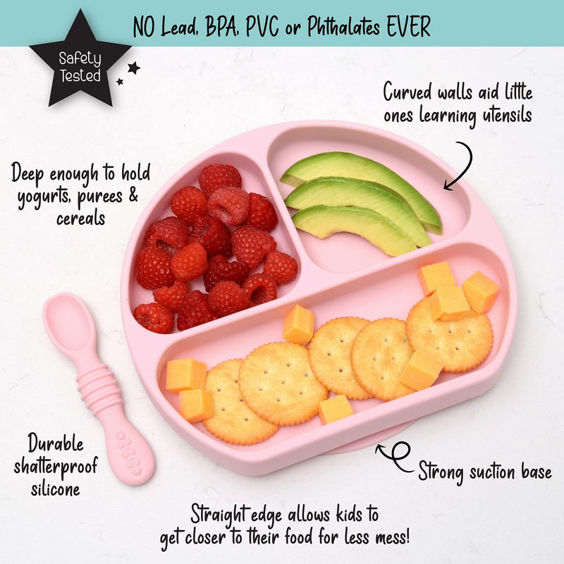 PrimaStella Unbreakable Silicone Non-Slip Baby & Toddler Plate and Spoon Feeding Set - Pink - Image 2