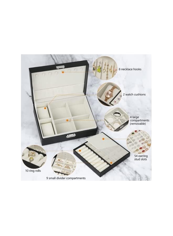 The Bros Jewelry Box, Jewelry Box Organizer For Women Girls, Double Layer Jewelry Storage Case Display Earrings Bracelets Rings Necklaces, Pu Leather Large Jewelry Organizer Storage Case With Lock - Image 5
