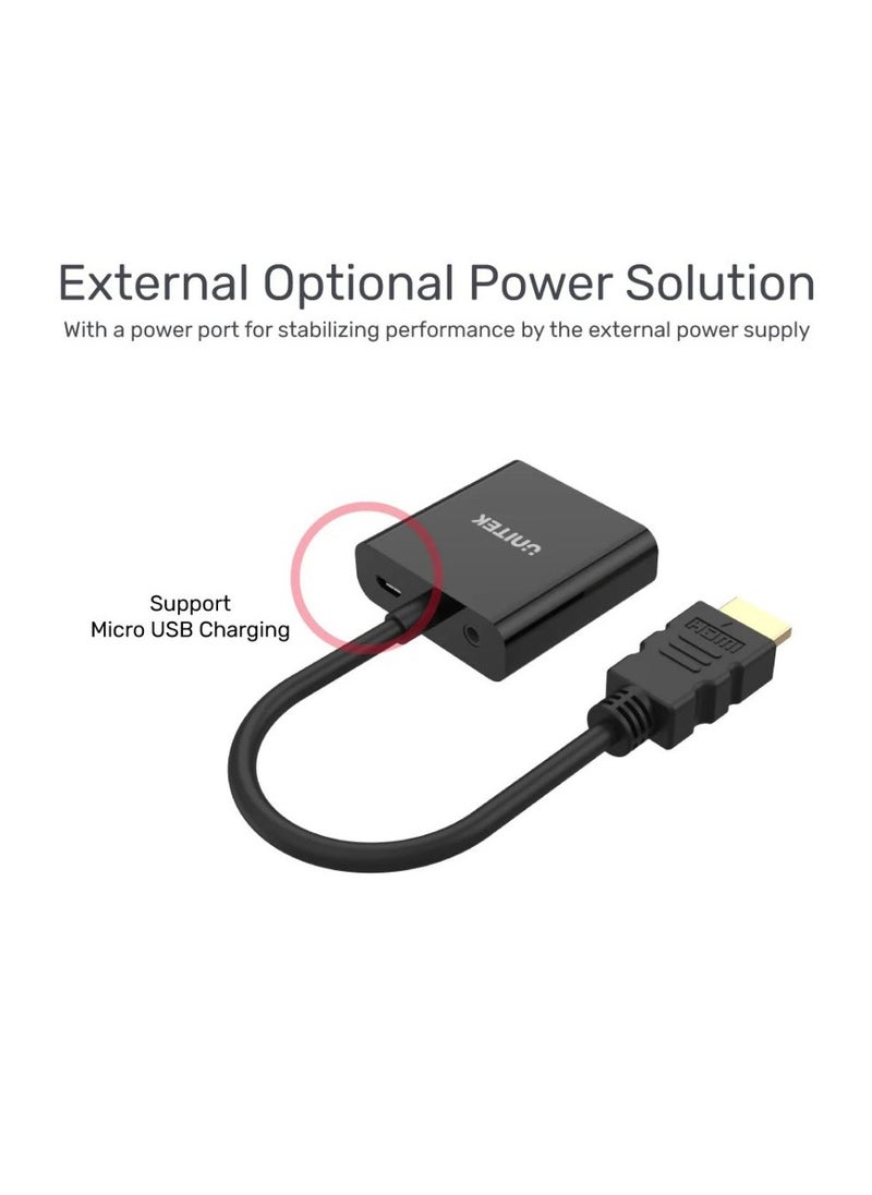 UNITEK HDMI to VGA Adapter with 3.5mm Audio Output – Connects HDMI Devices to VGA Displays with Stereo Sound Support – High-Resolution Converter for Laptops, Desktops, Monitors, Projectors, and TVs