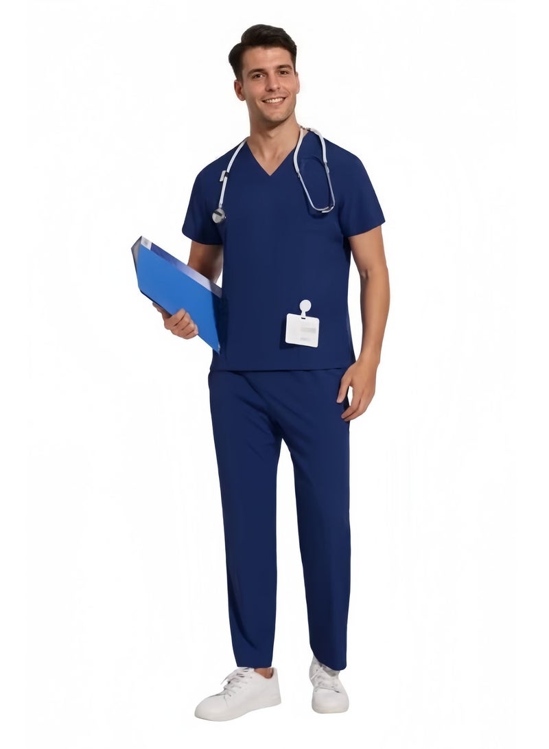 طقم ملابس طبية للرجال والنساء، طقم قميص وبنطال طبي للجنسين، زي طبي موحد (أزرق داكن) - Image 4