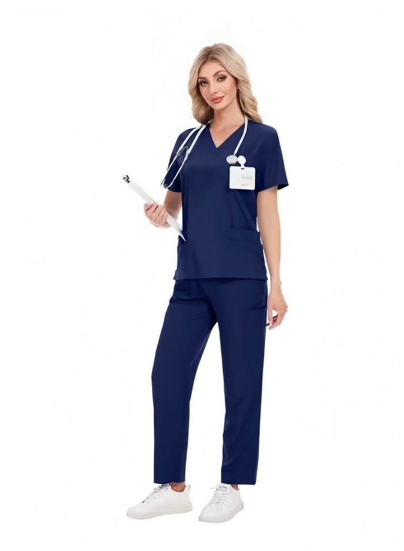 طقم ملابس طبية للرجال والنساء، طقم قميص وبنطال طبي للجنسين، زي طبي موحد (أزرق داكن) - Image 3