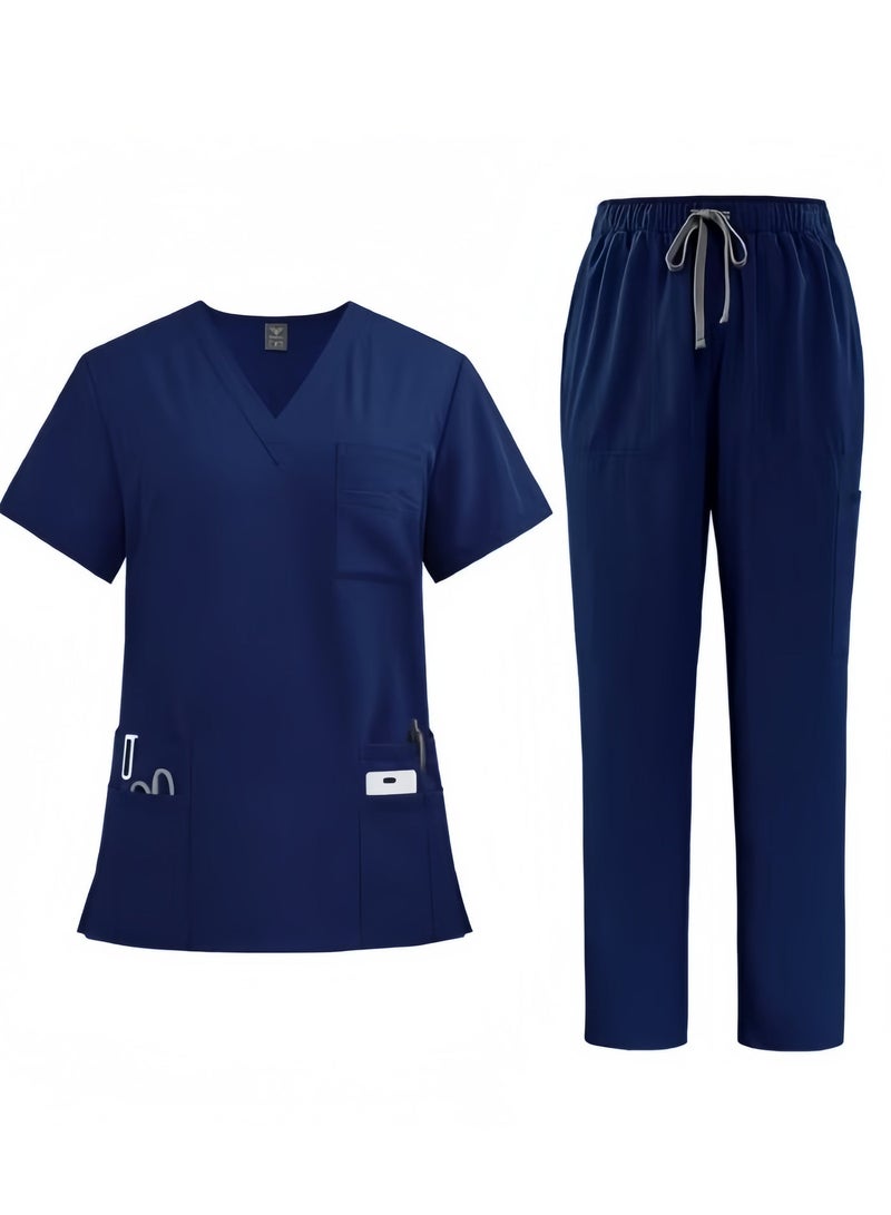 طقم ملابس طبية للرجال والنساء، طقم قميص وبنطال طبي للجنسين، زي طبي موحد (أزرق داكن) - Image 1
