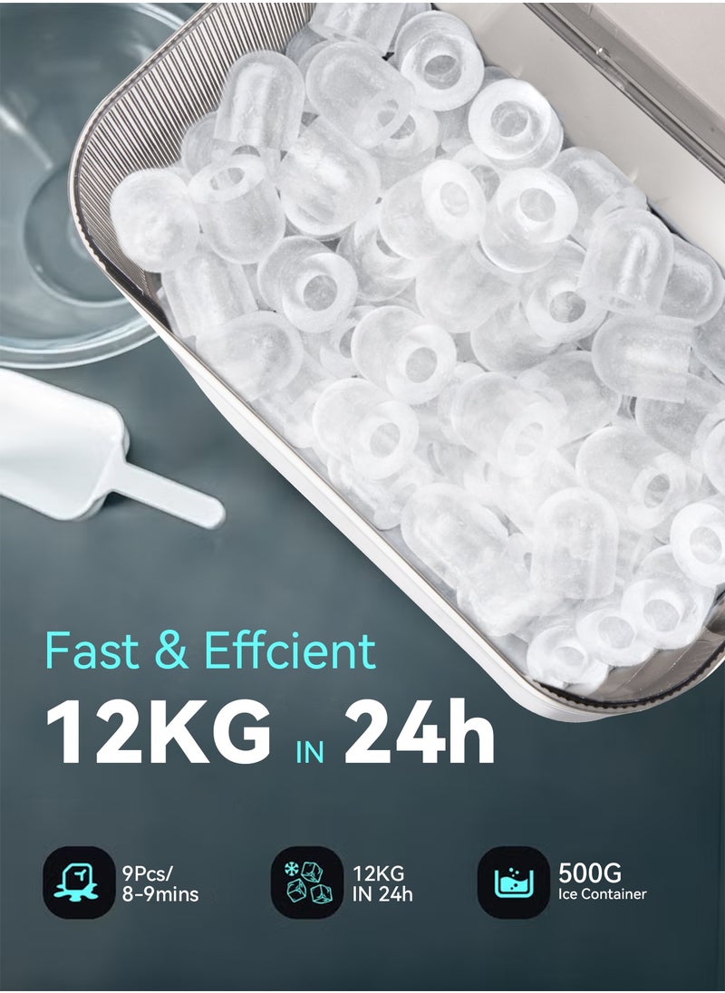 Ice Maker Portable Small Ice Maker,9 Cubes in 8 Mins, 12 KG/24 Hours,with Ice Scoop and Automatic Cleaning Function, Suitable For Camping, Parties, Parties, Kitchen, Home(1.4L White)