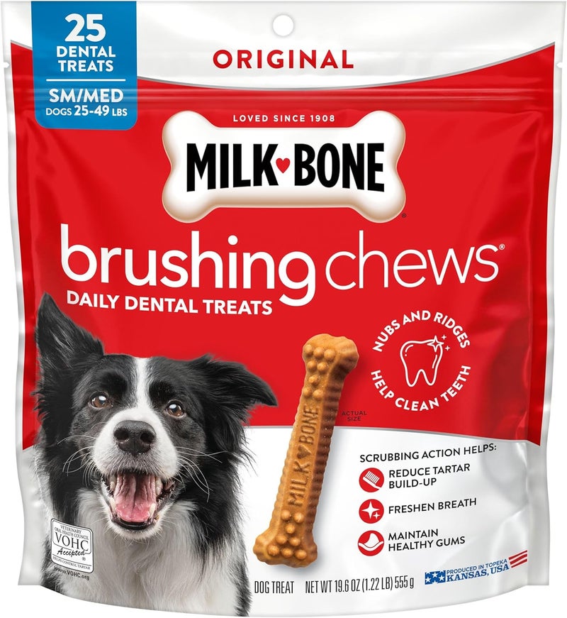 ميلك-بون Milk-Bone Original Brushing Chews، 25 قطعة يومية صغيرة/متوسطة لتنظيف أسنان الكلاب - Image 1