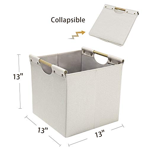 HOONEX Collapsible Storage Bins, 13x13x13in Storage Cubes Linen Fabric, 3 Pack, Storage Baskets with Wooden Carry Handles and Sturdy Heavy Cardboard, for Home, Office, Car, Nursery, Beige - Image 5