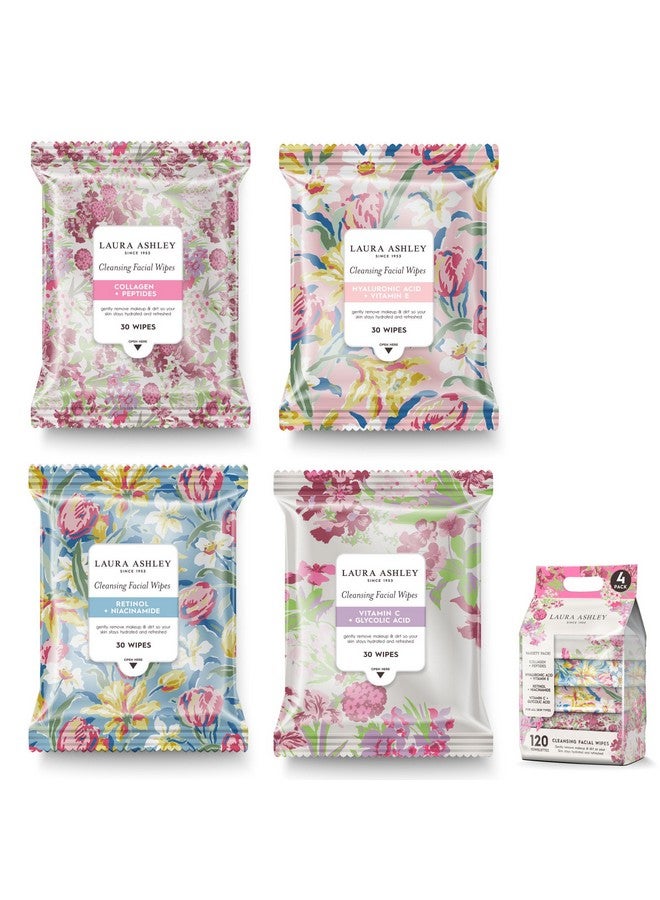 لورا أشلي عبوة من 4 مناديل لتنظيف الوجه للنساء لإزالة المكياج تحتوي على فيتامين سي والريتينول وحمض الهيالورونيك - 120 منديل لتنظيف الوجه - Image 1