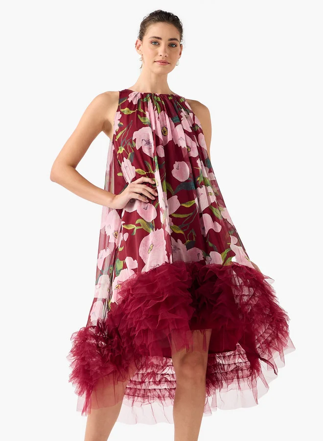 2Xtremz 2Xtremz Floral Print Sleeveless Midi Dress with Tulle Detail