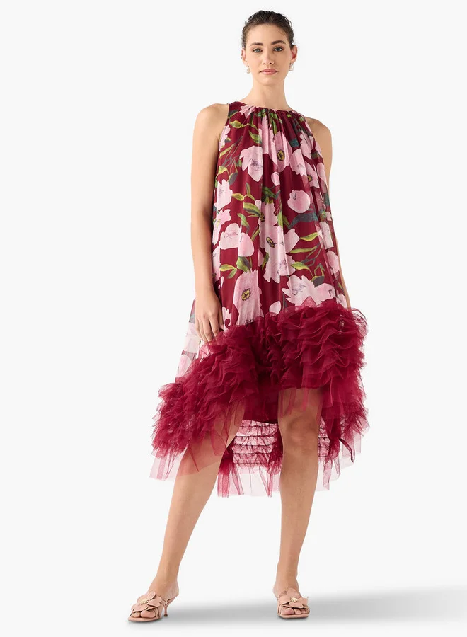 2Xtremz 2Xtremz Floral Print Sleeveless Midi Dress with Tulle Detail