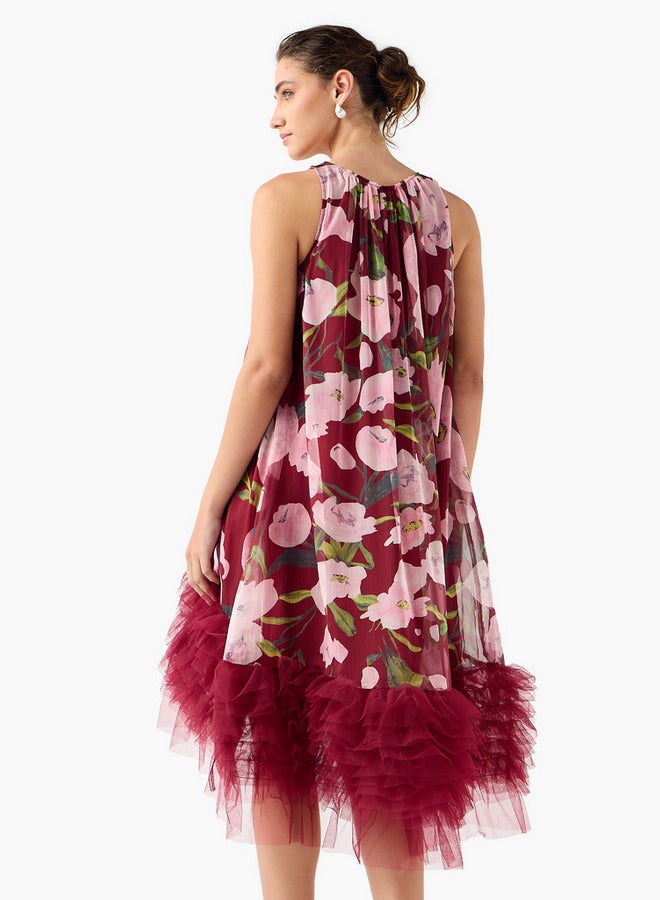 2Xtremz Floral Print Sleeveless Midi Dress with Tulle Detail - Image 3