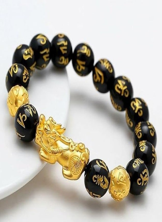 Iconic Keychains Original Feng Shui Black Obsidian Om Mani Pixiu Wealth Bracelet, 12 mm with Adjustable Elastic for Men Women Boys Girls as Fashion and Healing - Image 4