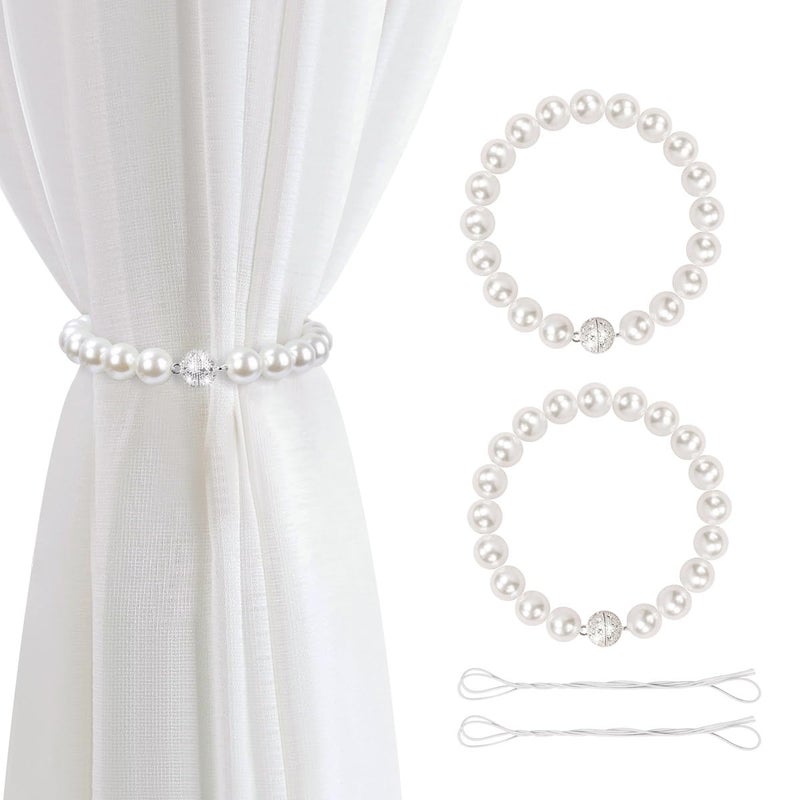 AULEEP Magnetic Curtain TieBacks 2 Pack Pearl Curtain Tie Backs Modern Decorative Curtain Holdbacks Holder with Elastic Cord Drapes Clips Buckle for Thin or Thick CurtainsWhite
