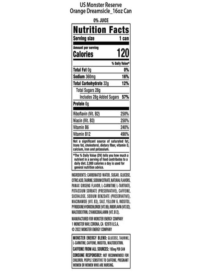 Monster DECADENT FOODS Monster Reserve Orange Dreamsicle Energy Drink, Taurine Formula, 16 Fl Oz Can Each 500ml X Pack Of 3 (From USA) - Image 2