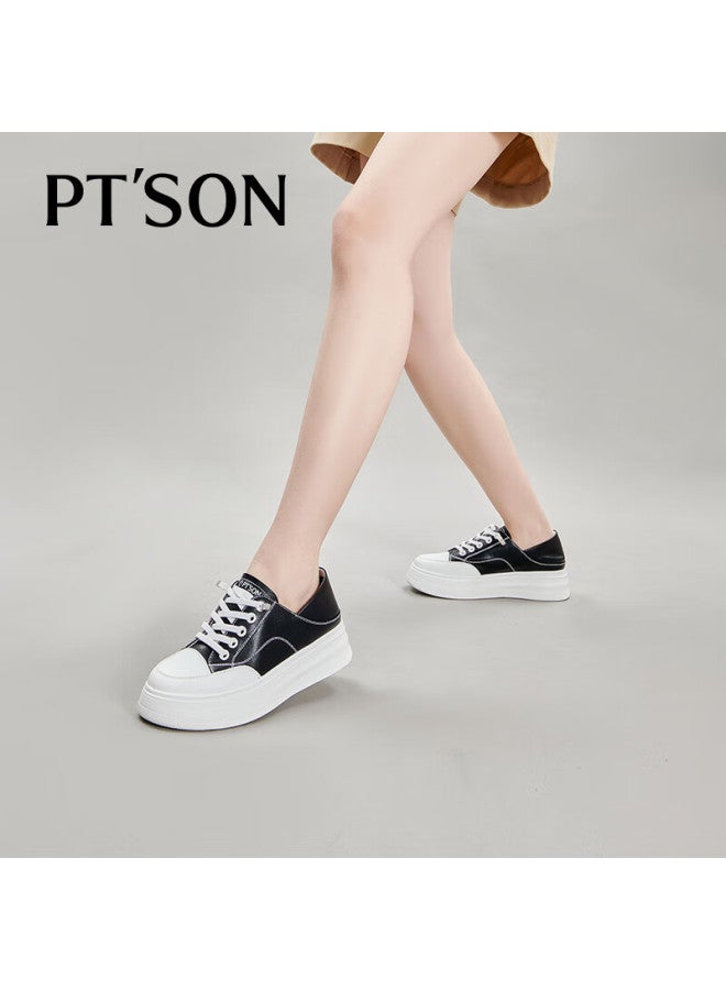 PT'SON Baitiansen Thick-soled White Sneakers For Women, Spring Thin Lightweight Breathable Height-increasing Fashionable Versatile Casual Skateboard Shoes, Black, Size 34 - Image 4