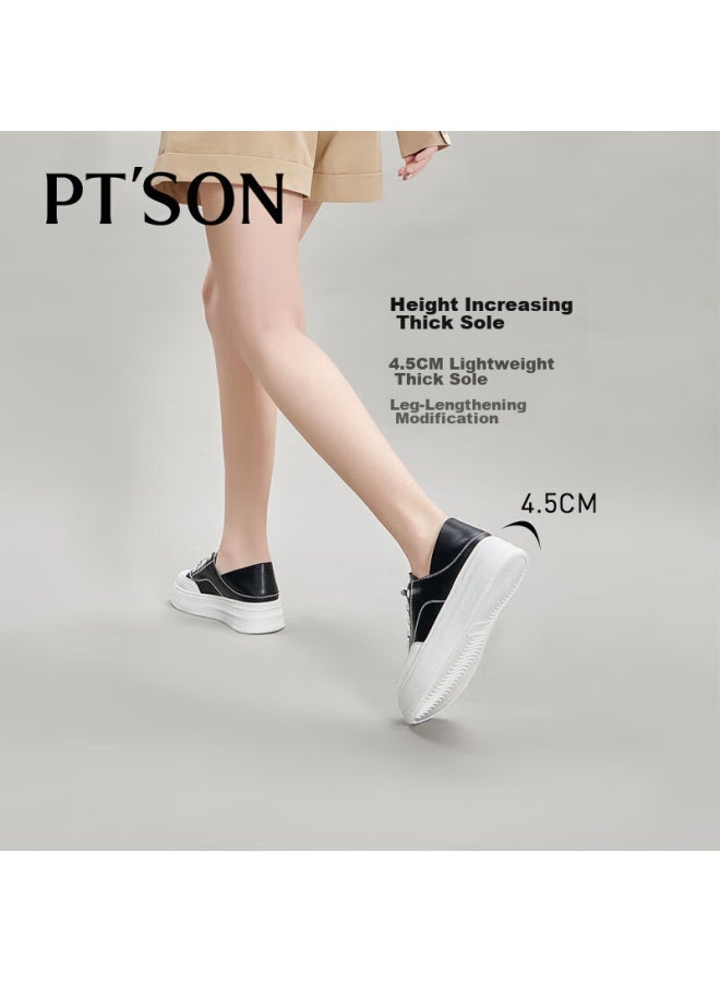 PT'SON Baitiansen Thick-soled White Sneakers For Women, Spring Thin Lightweight Breathable Height-increasing Fashionable Versatile Casual Skateboard Shoes, Black, Size 34 - Image 2