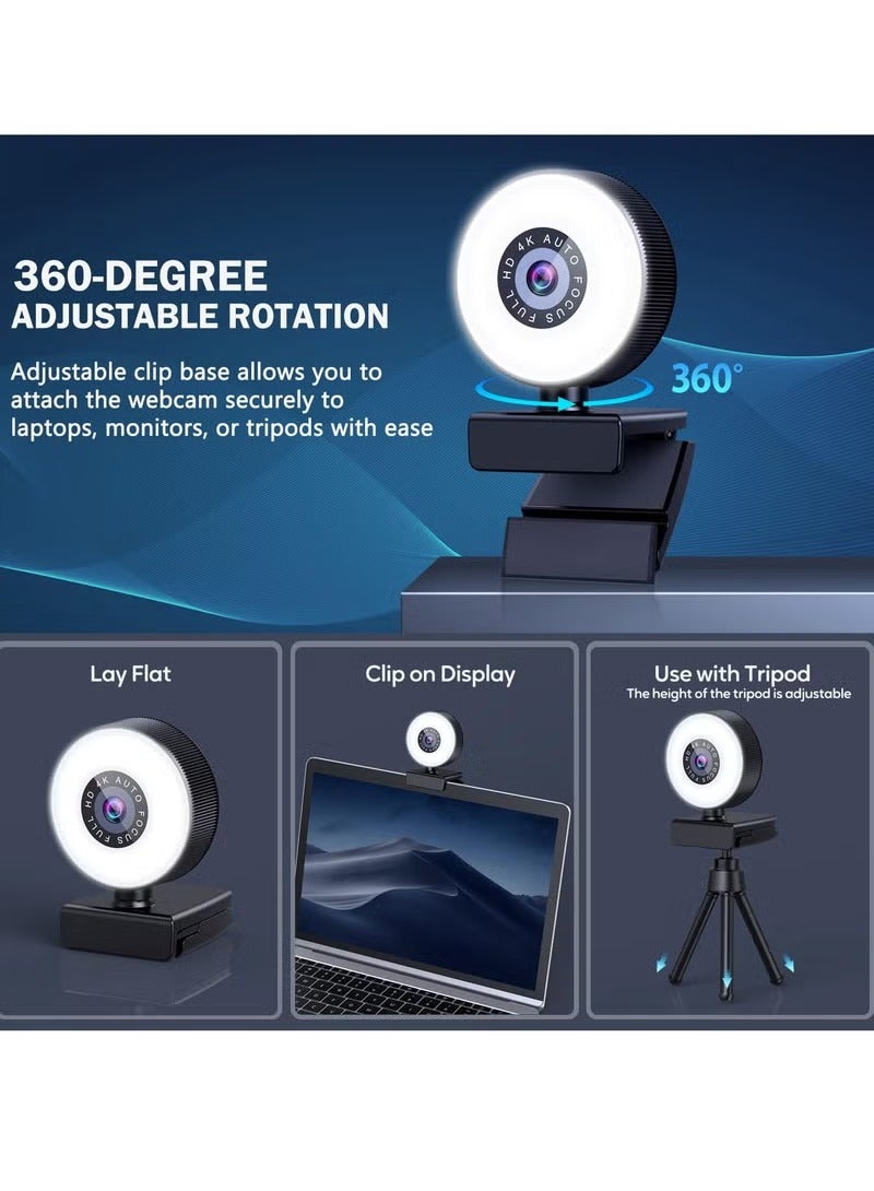 4K Webcam, HD Autofocus Webcam with Microphone, Adjustable Light Computer Camera with Privacy Cover and Tripod Stand, Plug and Play USB Webcam for Laptop Desktop Video Calling - Image 2