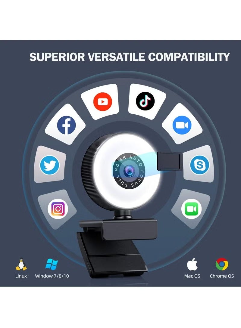 4K Webcam, HD Autofocus Webcam with Microphone, Adjustable Light Computer Camera with Privacy Cover and Tripod Stand, Plug and Play USB Webcam for Laptop Desktop Video Calling - Image 4