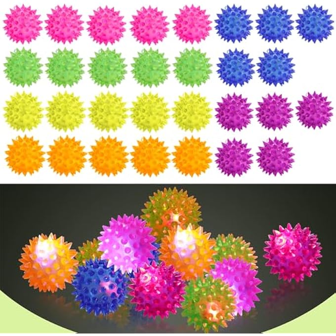 Deermon 30 Pack LED Light Up Fidget Sensory Bouncy Glow in The Dark Spiky Ball Kids GiftsSquishy Massage Pet Party Favors Stress Relief Spiky Balls Toy - Image 1