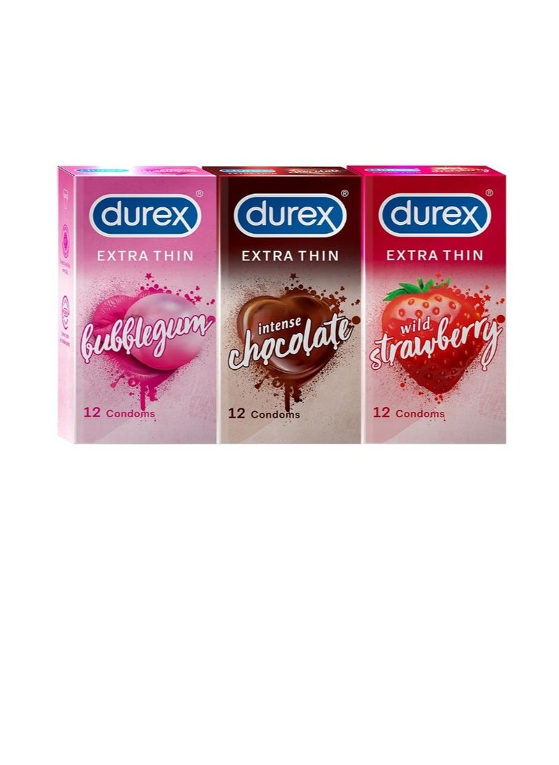 Durex Play Thin Flavored Condoms, Pack of 3 x 12 pc Each, 36 pieces - Bubblegum With Chocolate Plus Strawberry  - Image 1