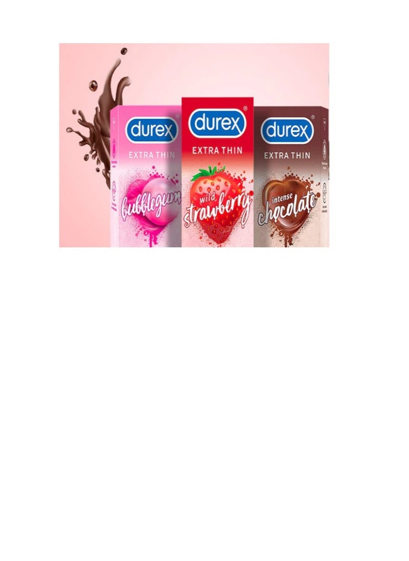 Durex Play - Thin Flavored Condoms, Pack of 3 x 12 pc Each, 36 pieces - Bubblegum With Chocolate Plus Strawberry - Image 1
