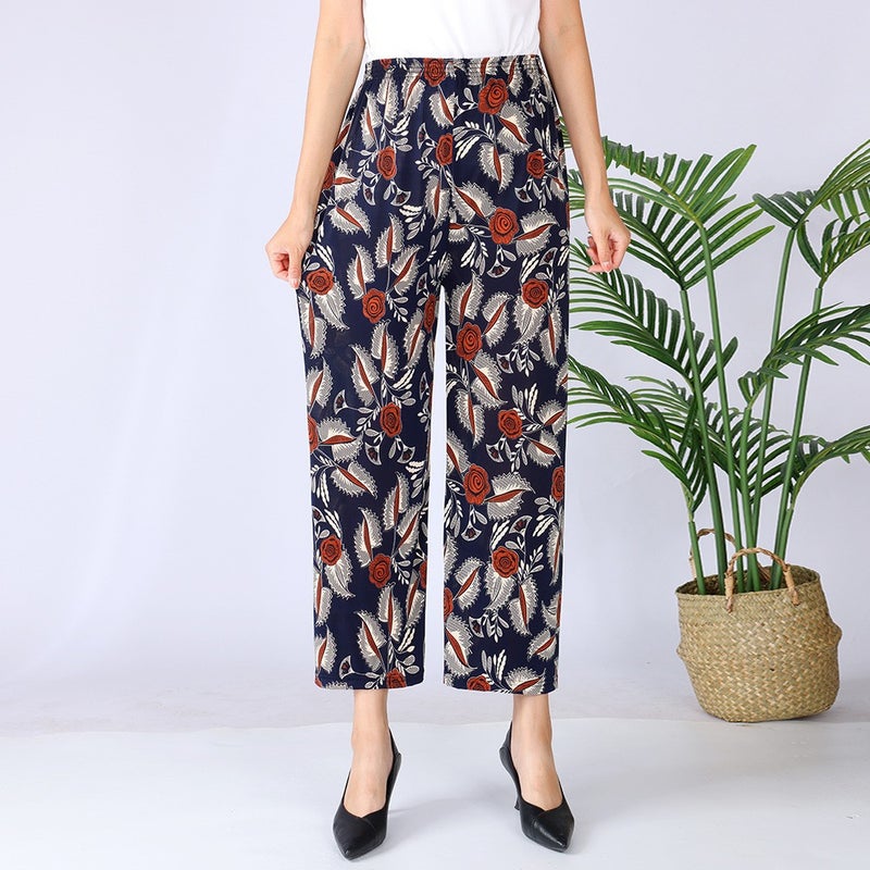 Summer Womens Ice Silk Pants Middle-aged and Elderly Loose Casual Home Pants Elacto Plus Fat Mother Pants Square Sports No. 25 Nine-point Straight Pants 